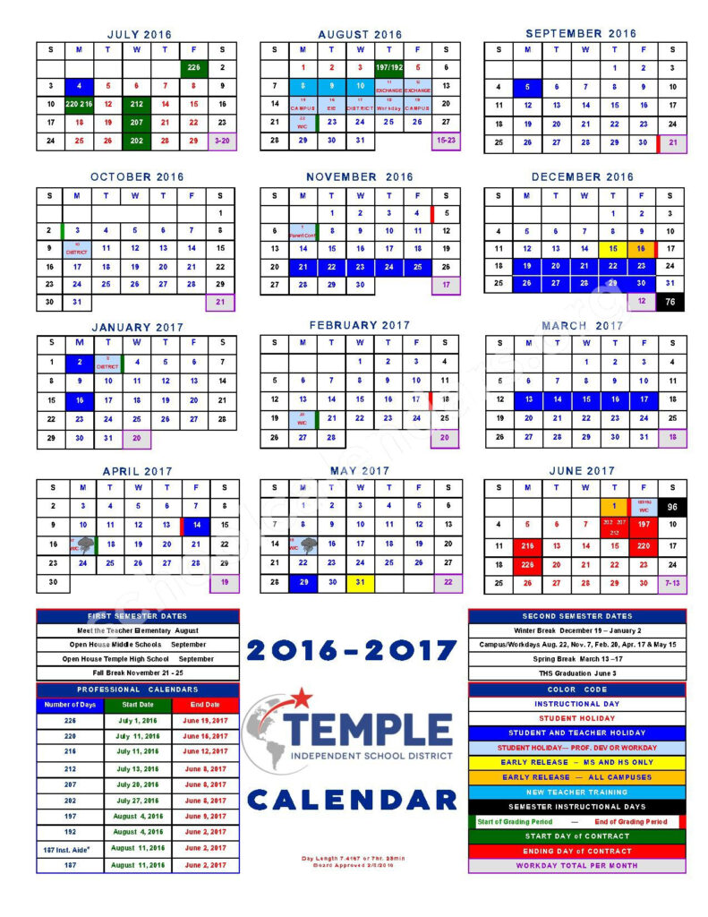 2016 2017 TISD Professional Calendar Temple Independent School 