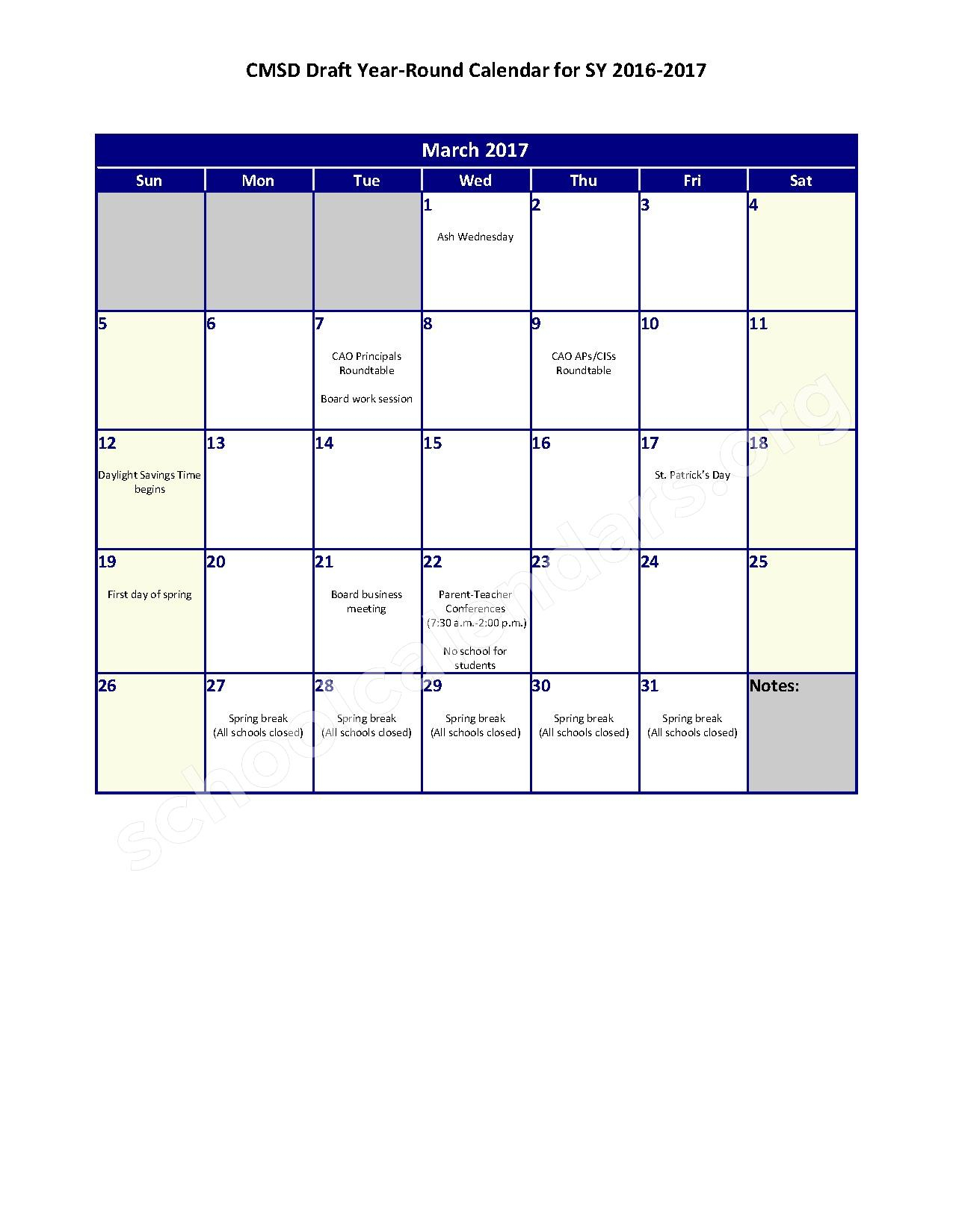 2016 2017 Year Round School Calendar Cleveland Metropolitan School