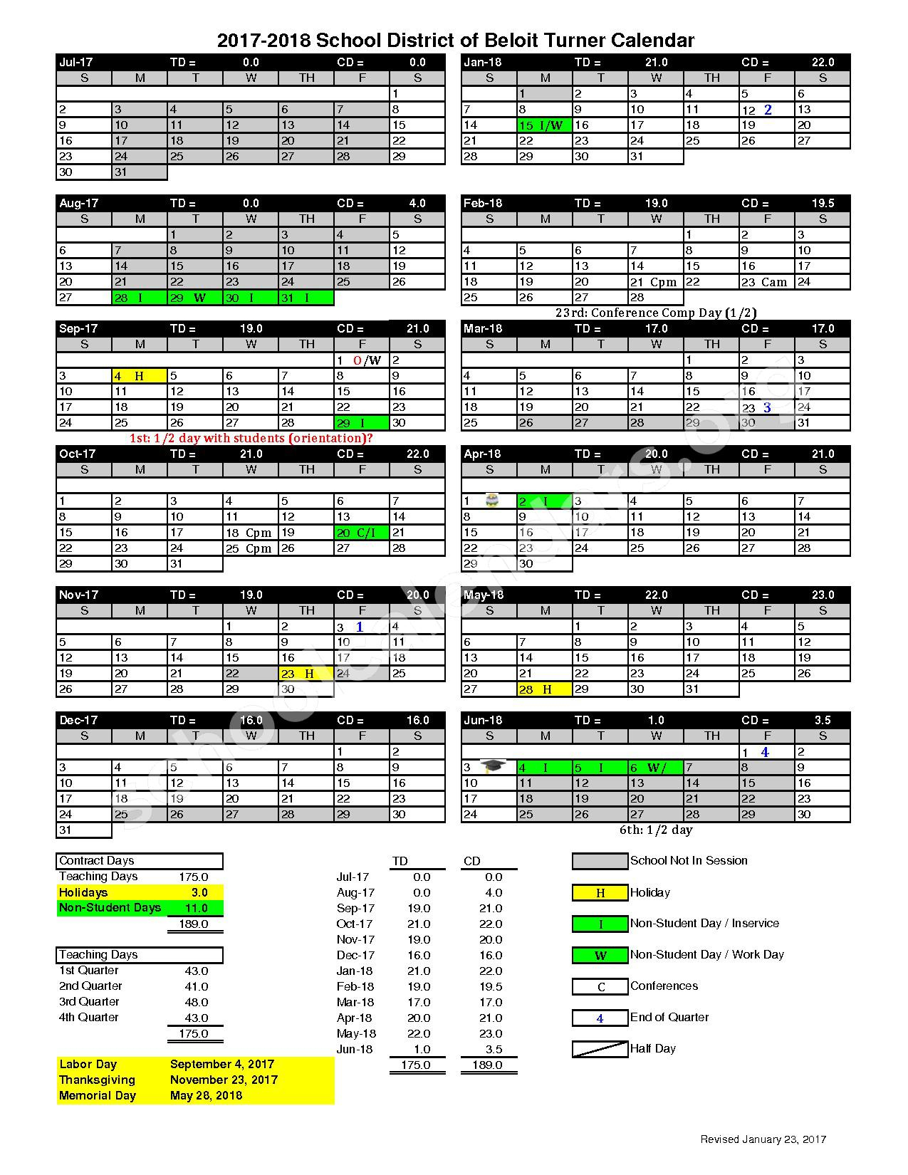 2017 2018 Academic Calendar Beloit Turner School District Beloit WI