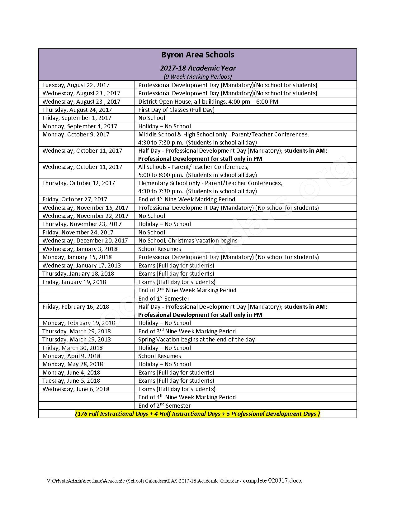 2017 2018 Academic Calendar Corunna High School Corunna MI