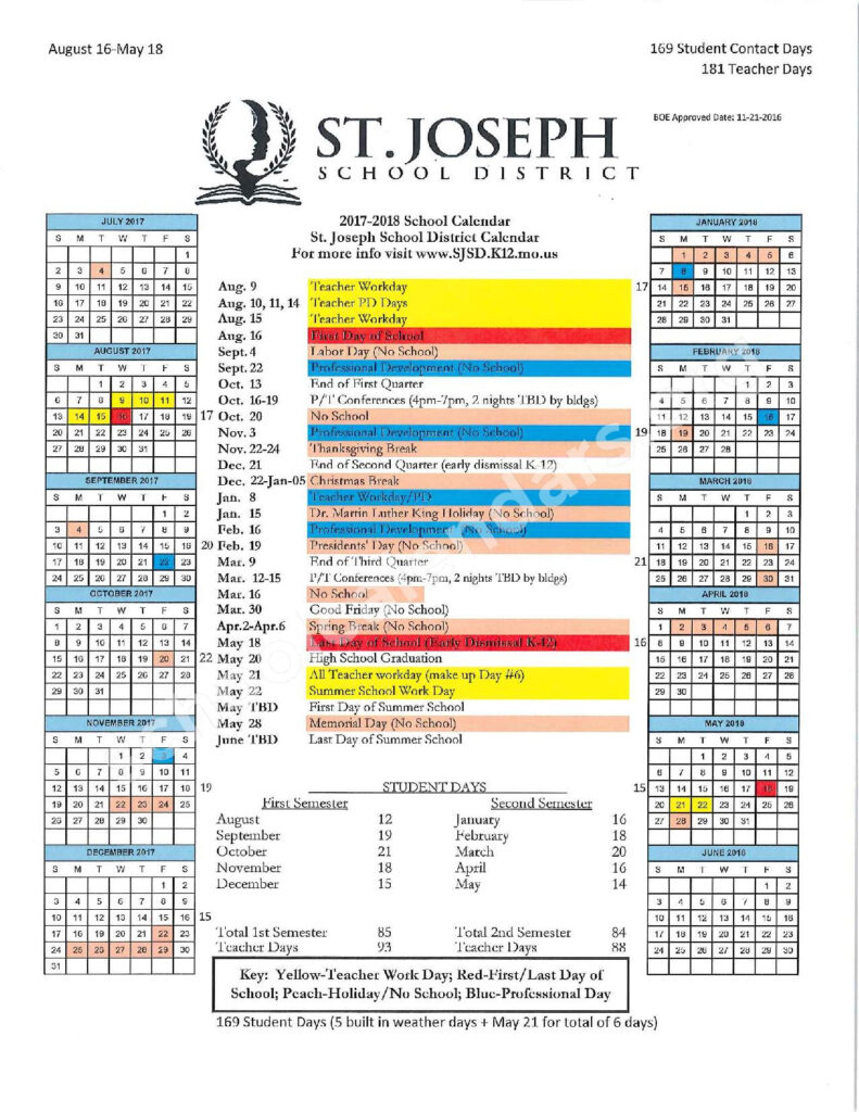 2017 2018 Academic Calendar St Joseph School District St Joseph MO