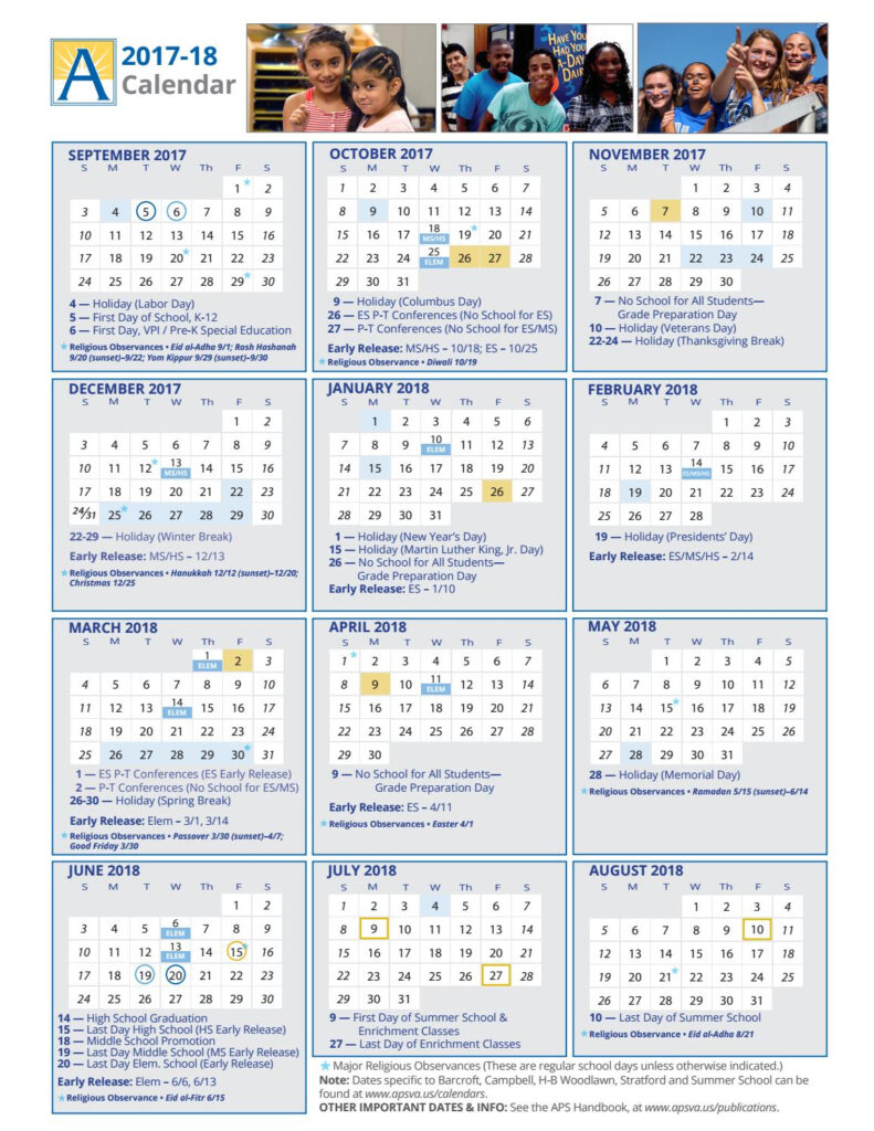 2017 2018 Arlington County Public Schools Calendar By Elizabeth 