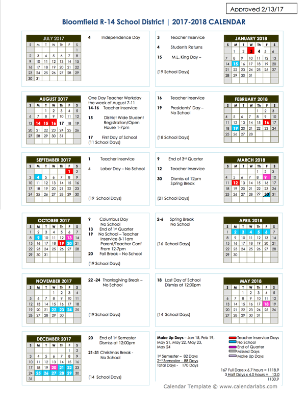 2017 2018 Bloomfield School Calendar Approved