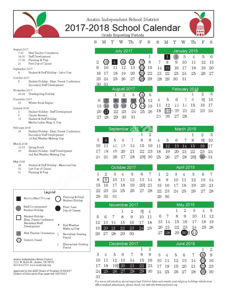 2017 2018 Calendar Austin Independent School District Austin TX