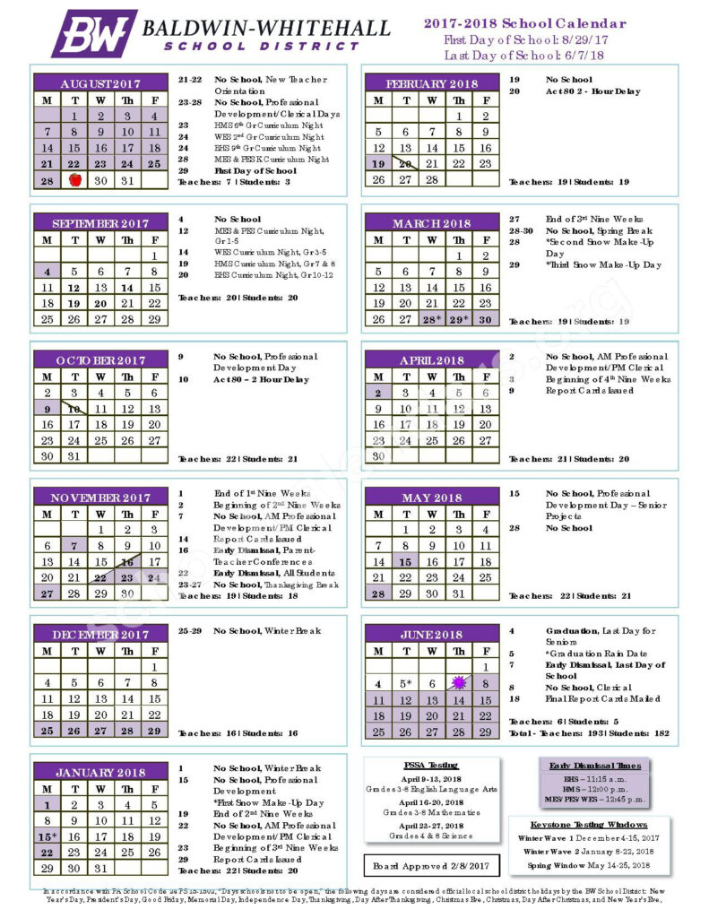 2017 2018 District Calendar Baldwin Whitehall School District 