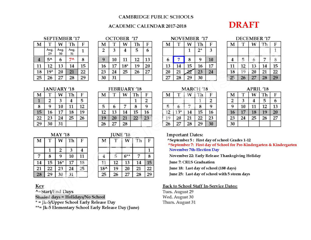 2017 2018 District Calendar Cambridge Public Schools Cambridge MA