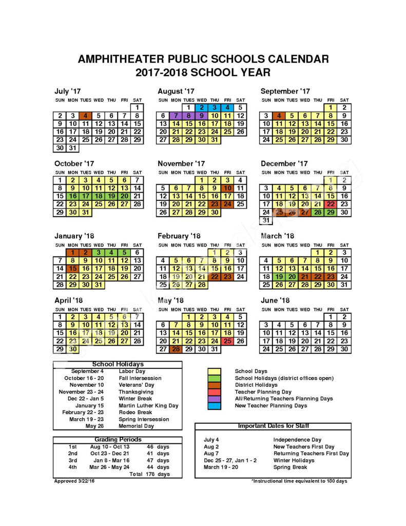 2017 2018 District Calendar color Canyon Del Oro High School 