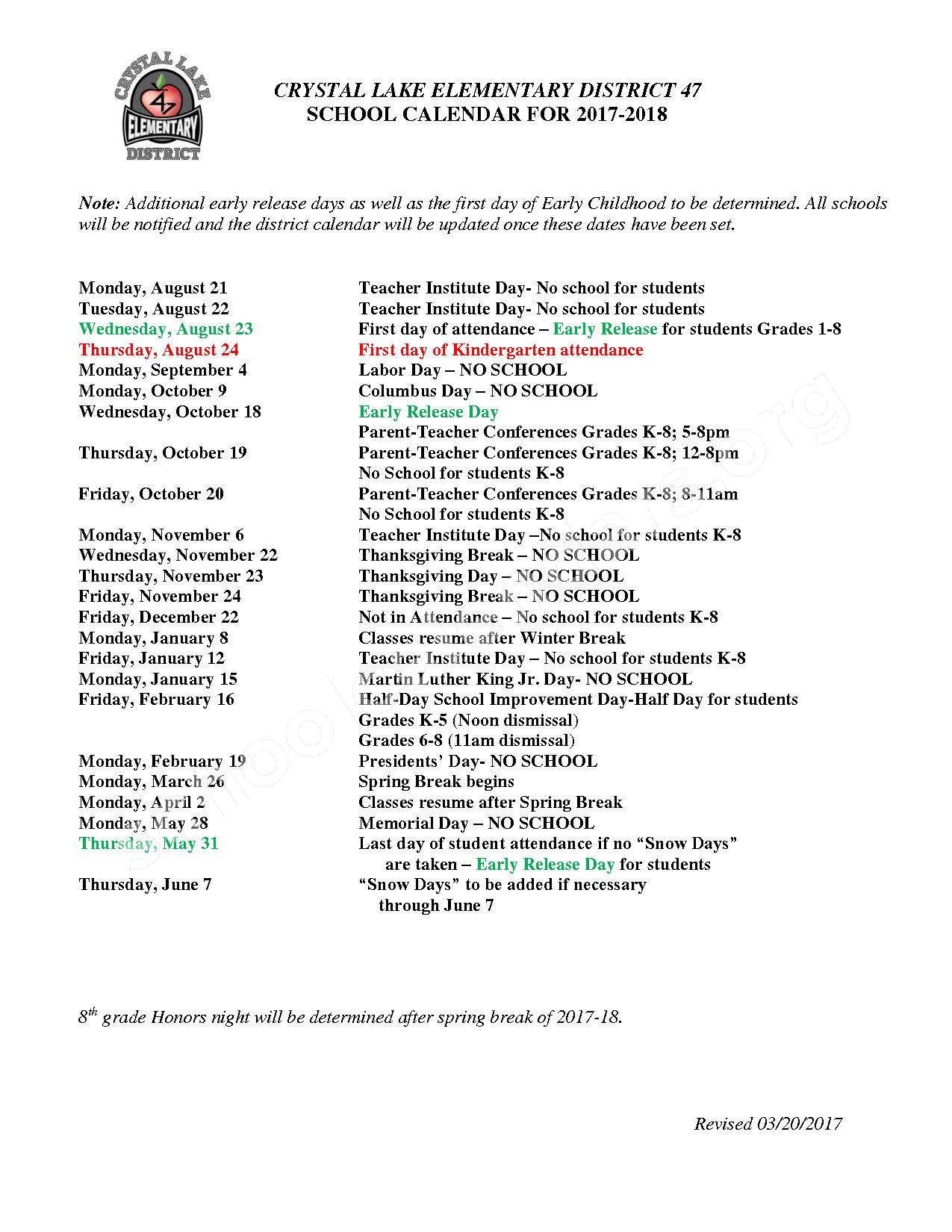 2017 2018 District Calendar Crystal Lake Community Consolidated