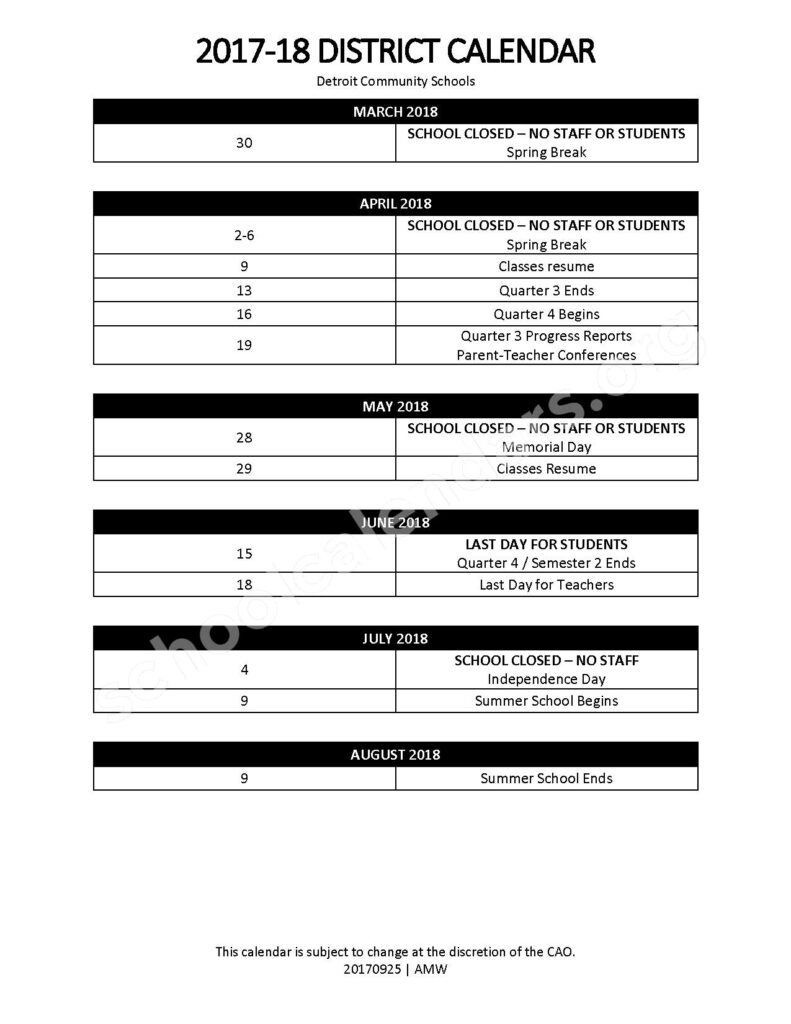 2017 2018 District Calendar Detroit Community Schools Detroit MI