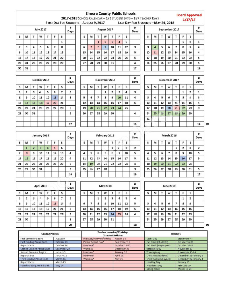 2017 2018 District Calendar Elmore County Schools Wetumpka AL