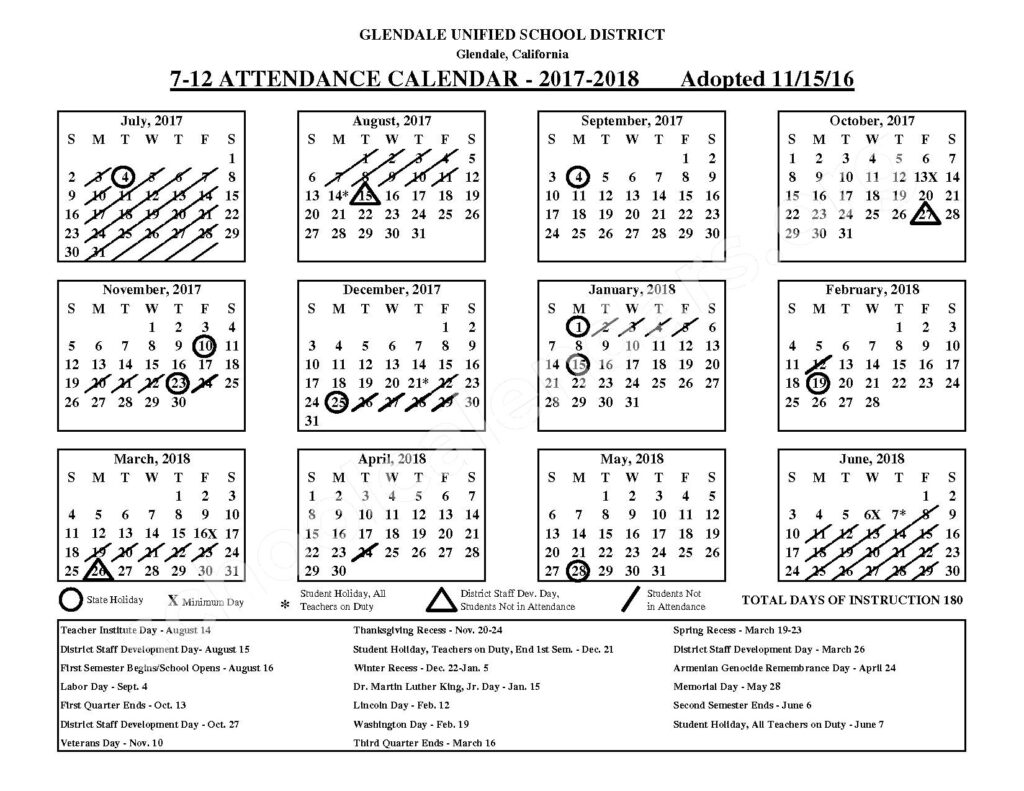 2017 2018 District Calendar Glendale Unified School District 