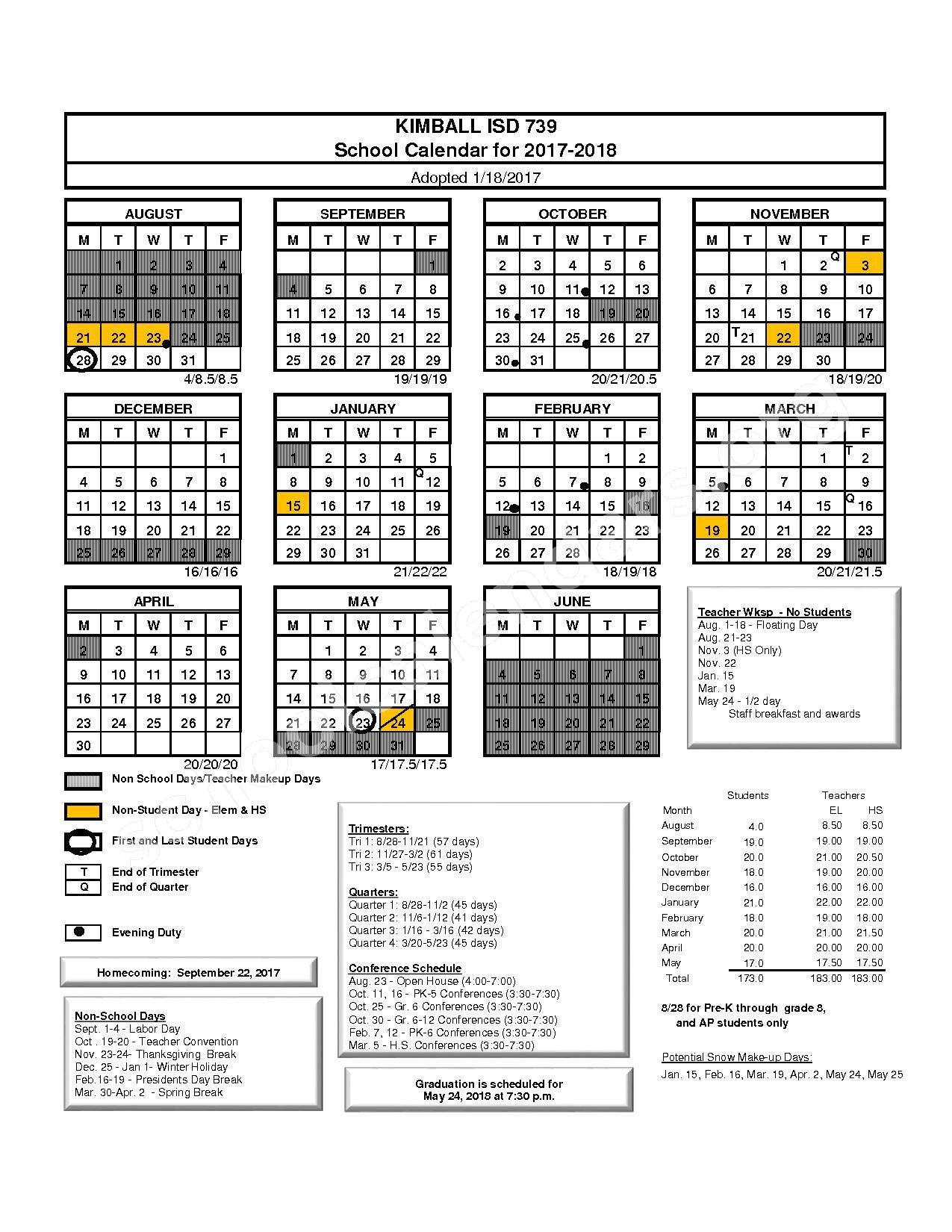 2017 2018 District Calendar Kimball Public School District