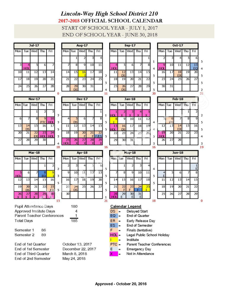 2017 2018 District Calendar Lincoln Way Community High School 