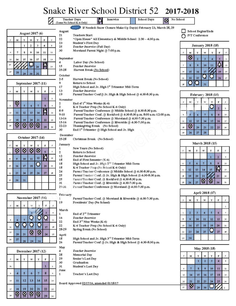 2017 2018 District Calendar Moreland Elementary School Moreland ID