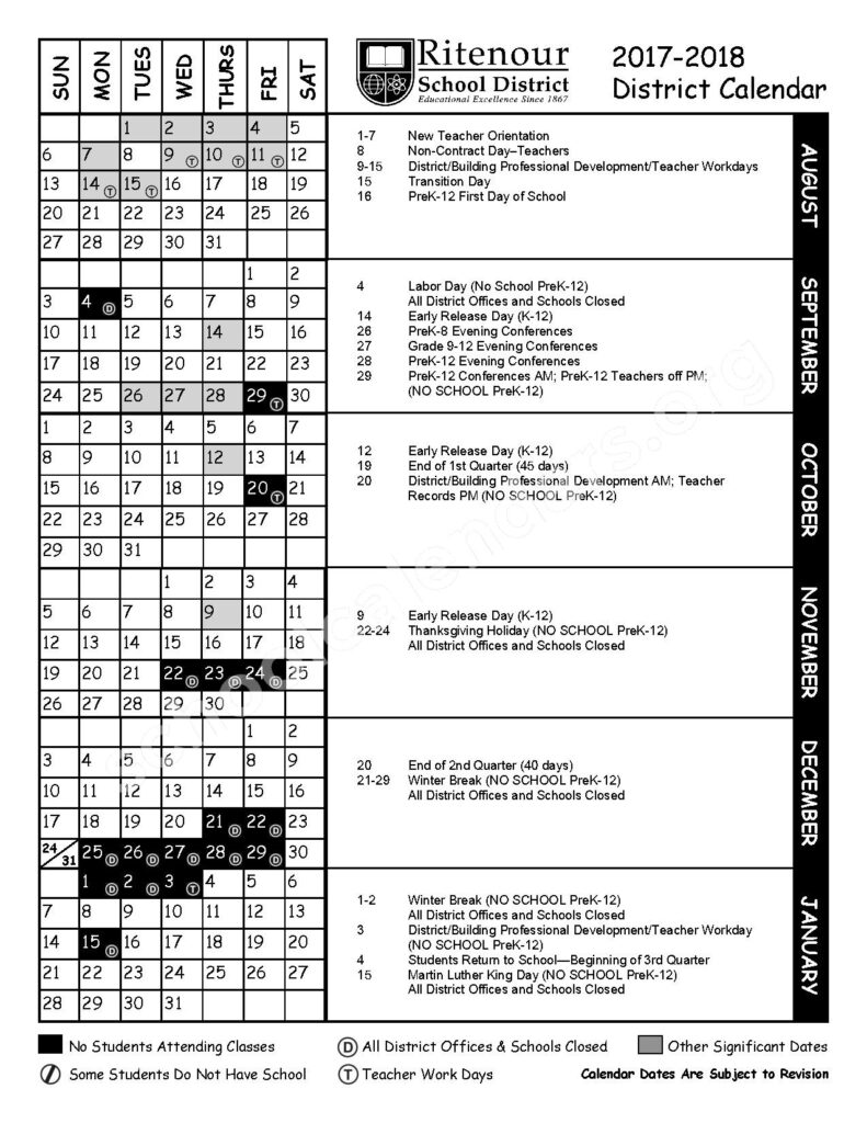 2017 2018 District Calendar Ritenour School District St Louis MO