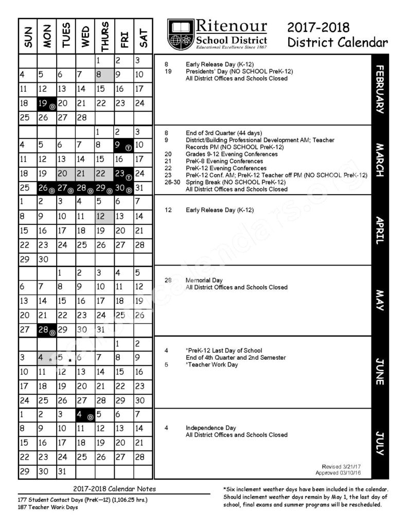 2017 2018 District Calendar Ritenour School District St Louis MO