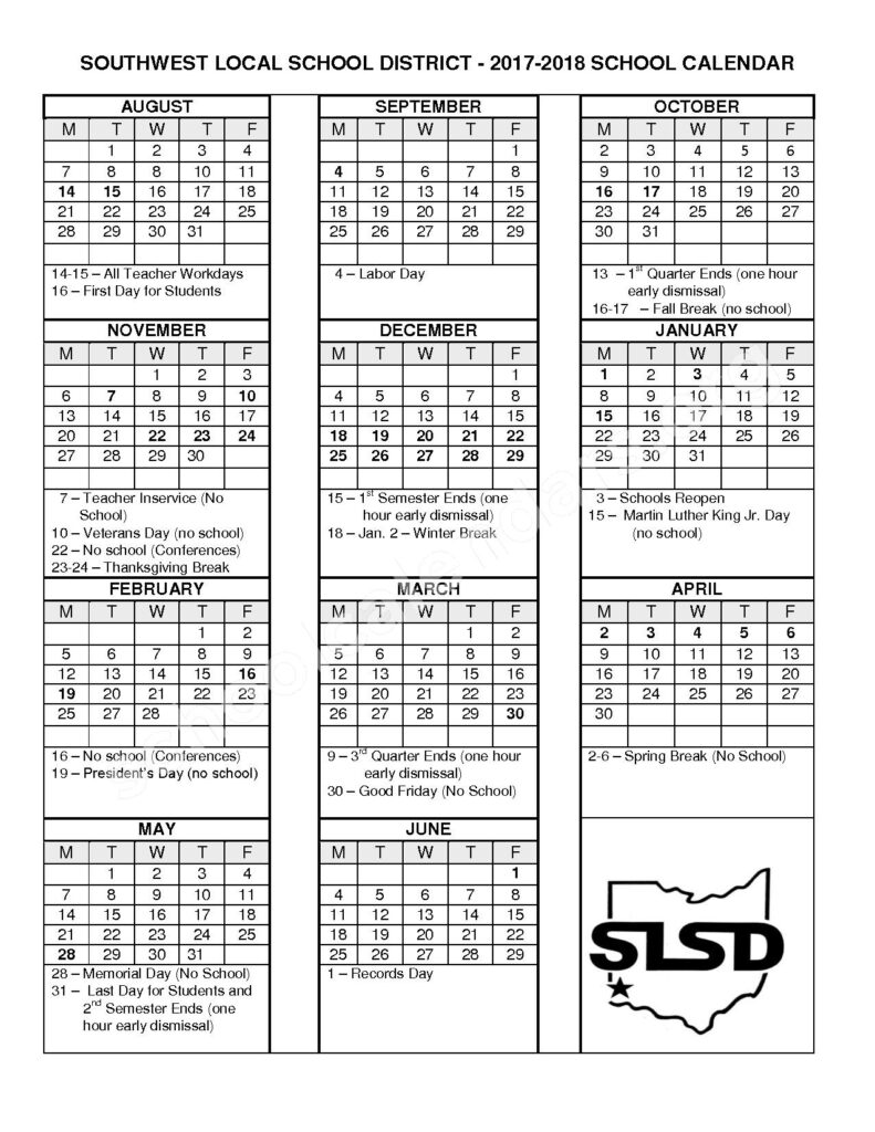 2017 2018 District Calendar Southwest Local School District 