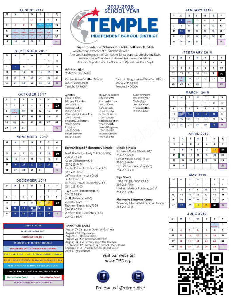 2017 2018 District Calendar Temple Independent School District 