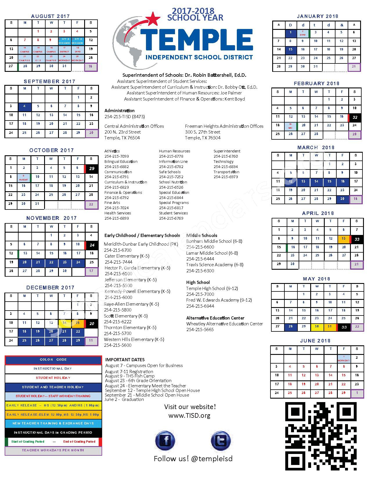 2017 2018 District Calendar Temple Independent School District