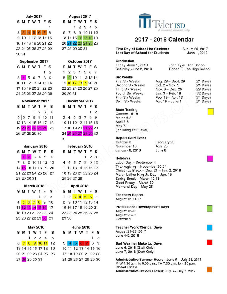 2017 2018 District Calendar Tyler Independent School District 