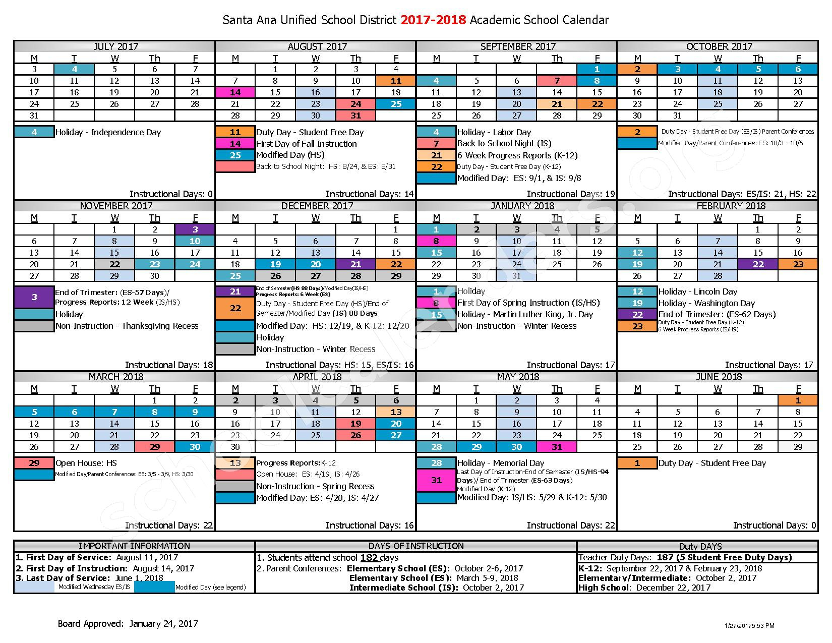 2017 2018 District Calendar Washington Elementary School Santa