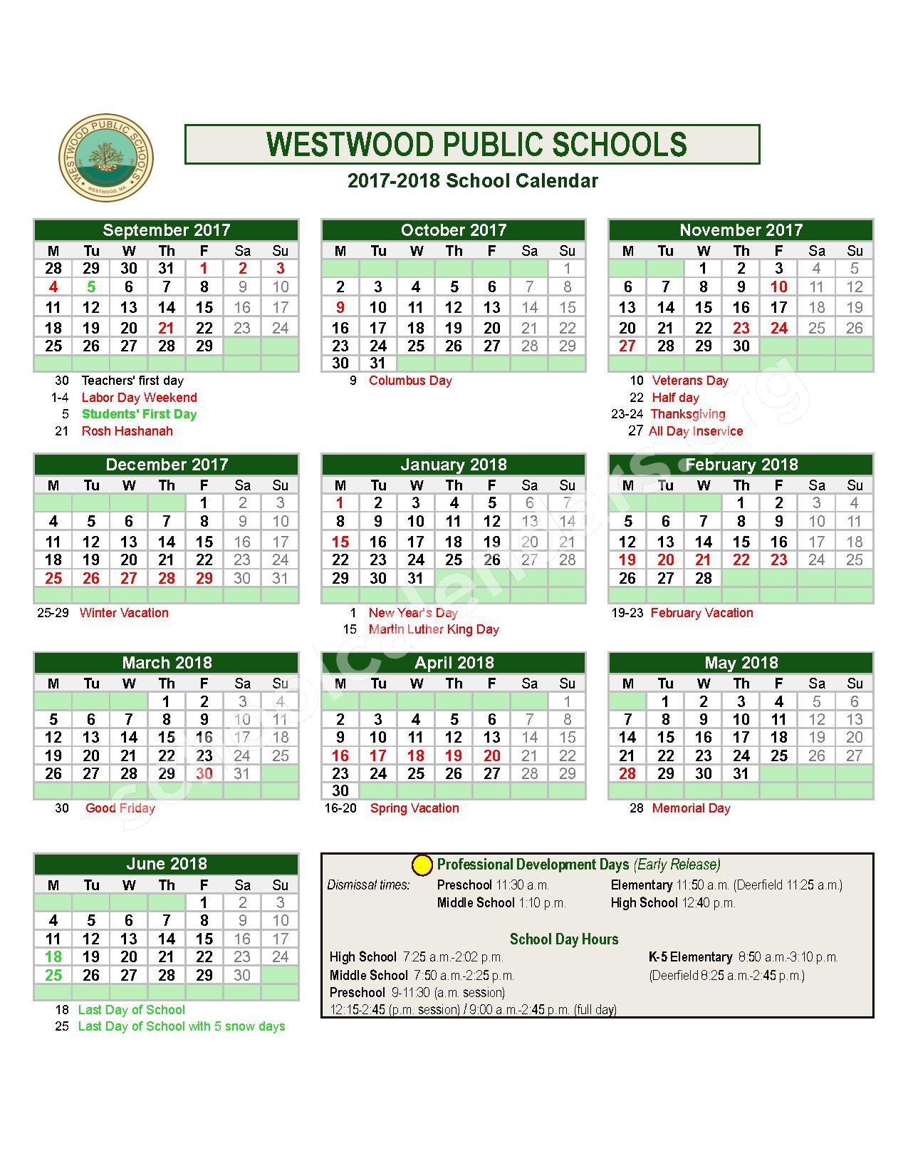 2017 2018 District Calendar Westwood Public Schools Westwood MA