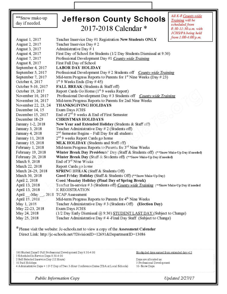 2017 2018 JC Schools Calendar Jefferson County Schools Dandridge TN