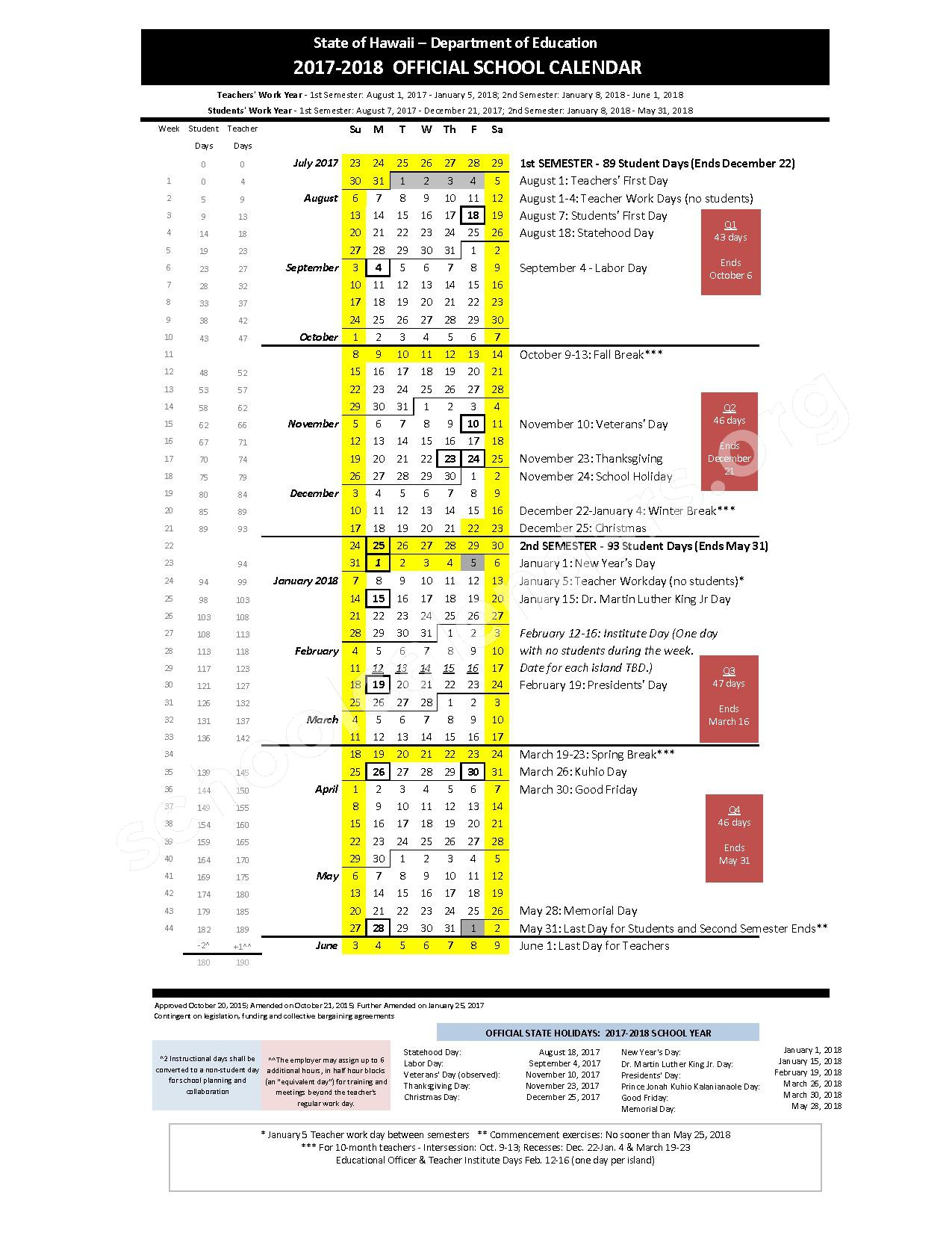 2017 2018 Official School Calendar Hawaii Department Of Education