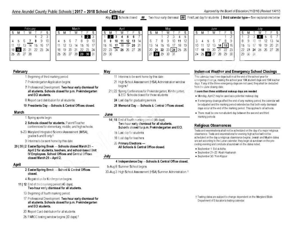 2017 2018 School Calendar Anne Arundel County Public Schools 