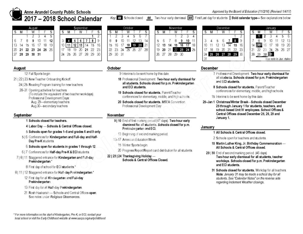 2017 2018 School Calendar Anne Arundel County Public Schools 