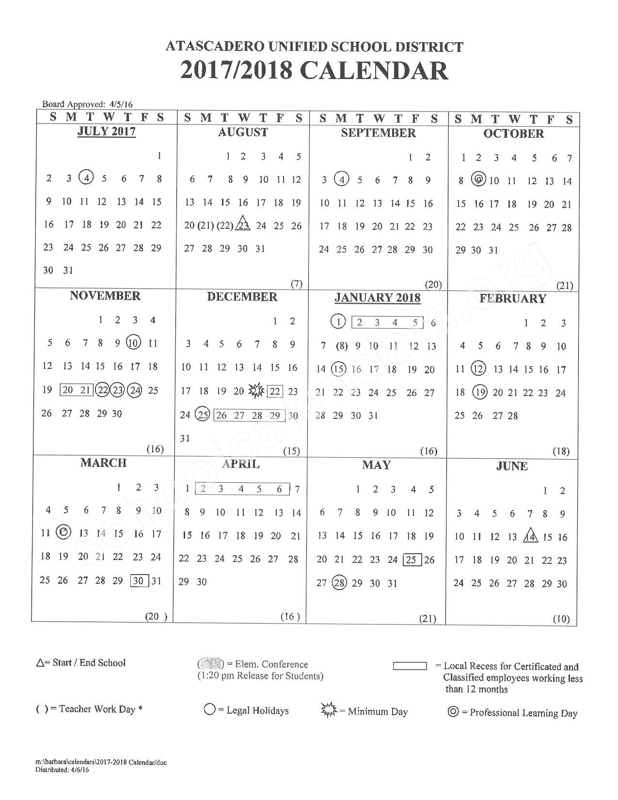 2017 2018 School Calendar Atascadero Unified School District