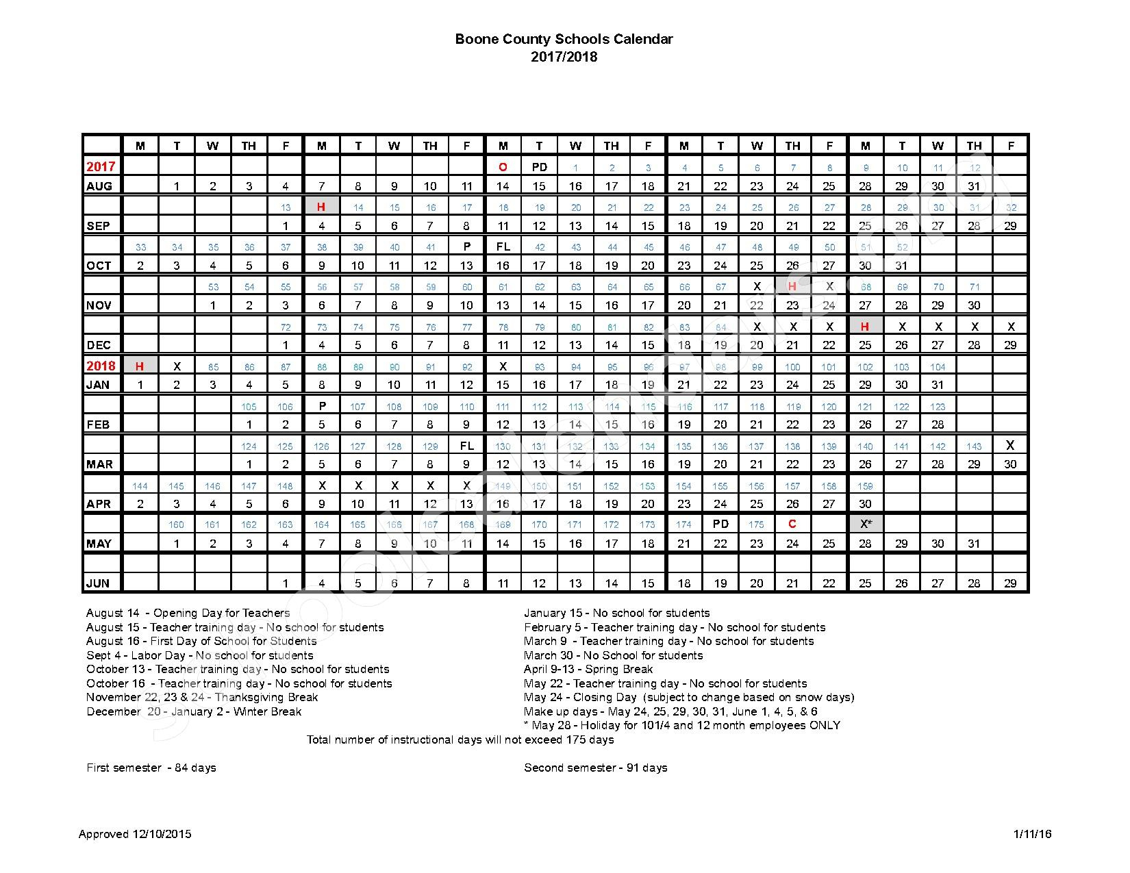 2017 2018 School Calendar Boone County School District Florence KY