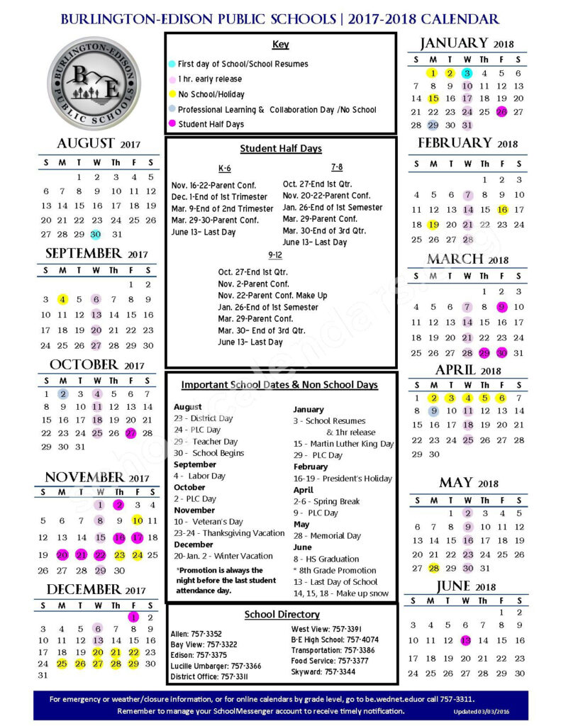 2017 2018 School Calendar Burlington Edison School District 