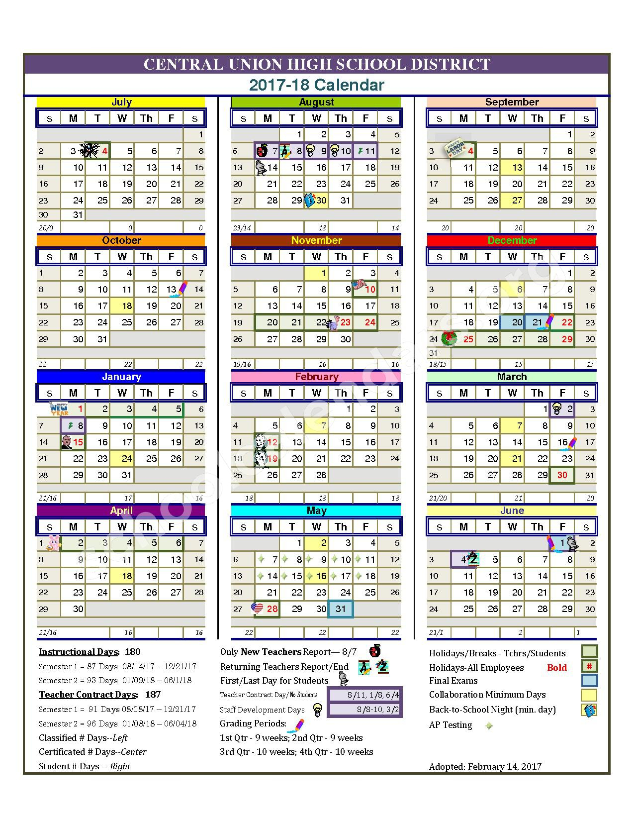 2017 2018 School Calendar Central Union High School District El