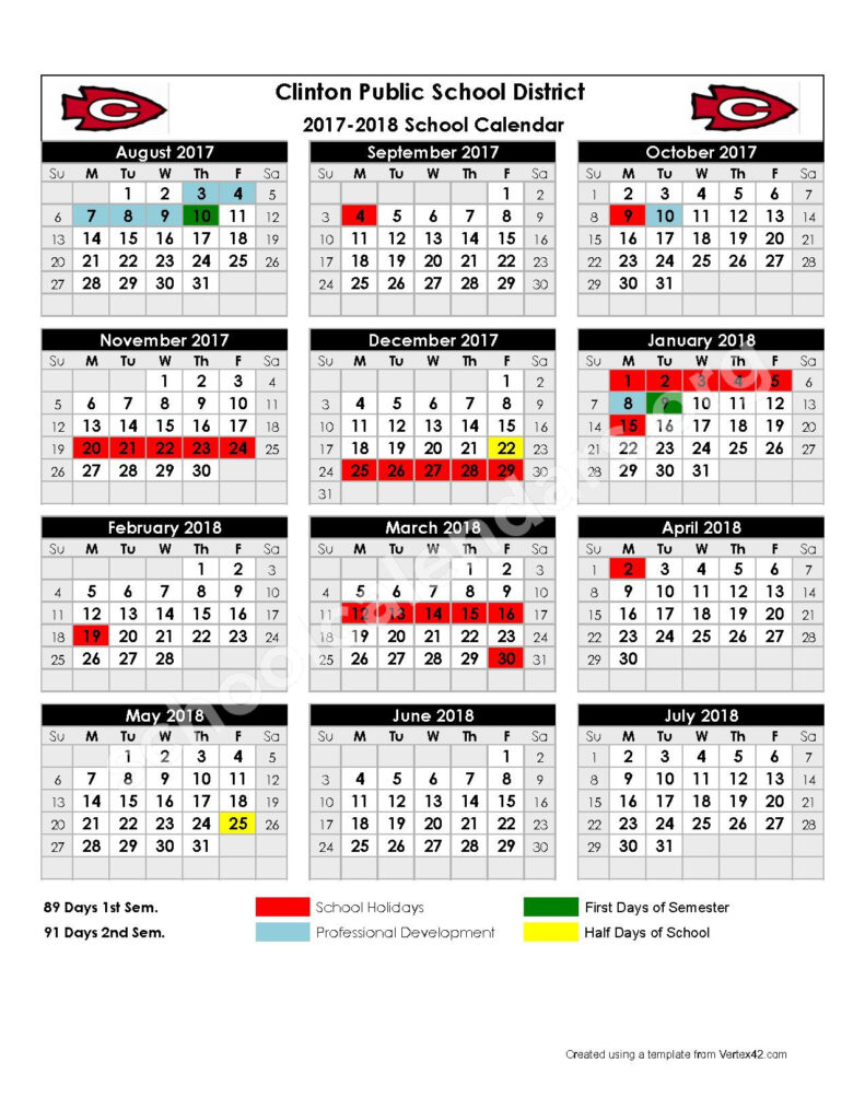 2017 2018 School Calendar Clinton Public School District Clinton MS