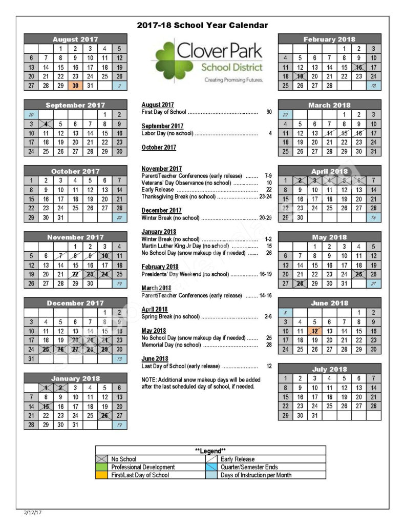 2017 2018 School Calendar Clover Park School District Lakewood WA