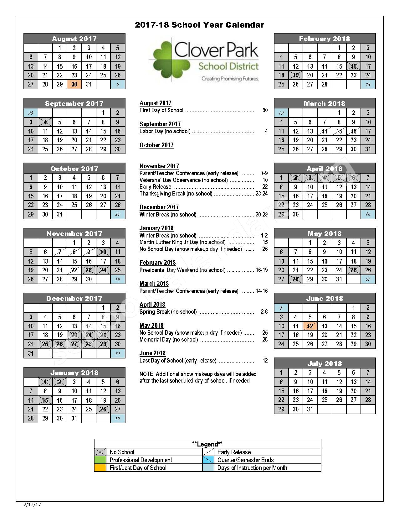 2017 2018 School Calendar Clover Park School District Lakewood WA