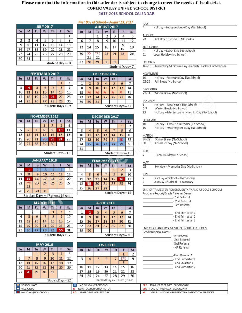 2017 2018 School Calendar Conejo Valley Unified School District 