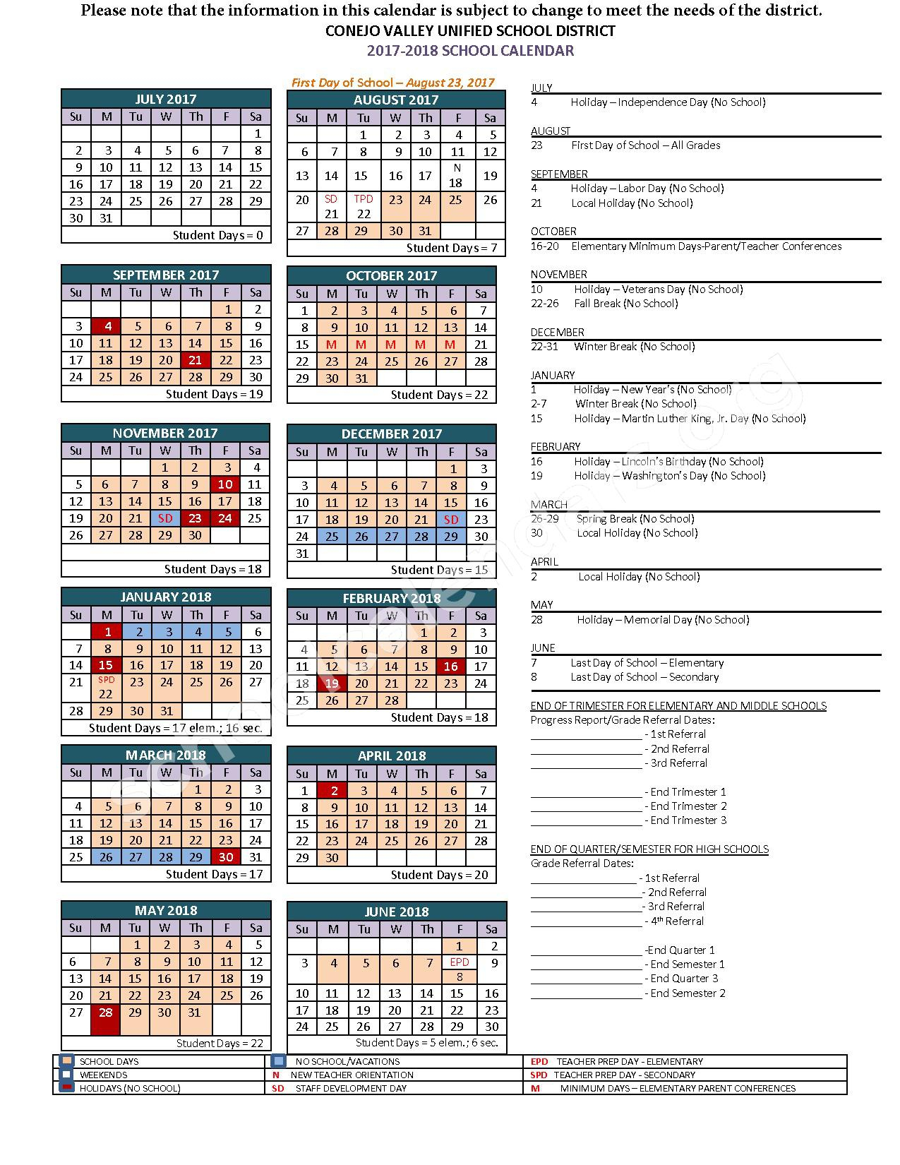 2017 2018 School Calendar Conejo Valley Unified School District