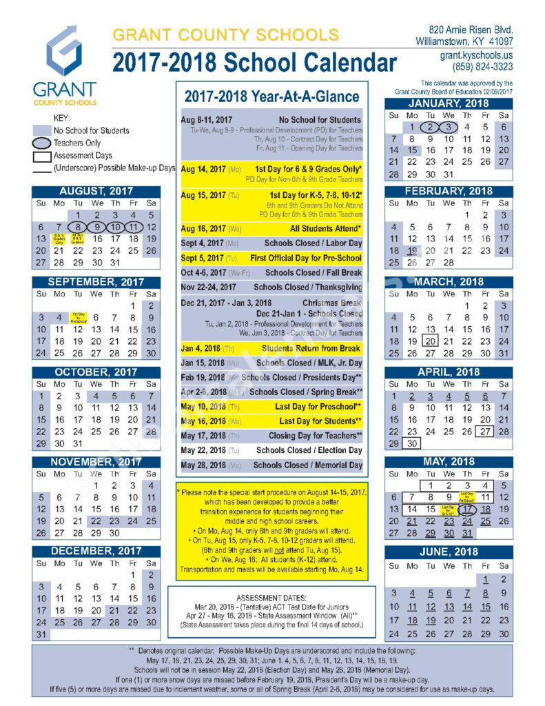 2017 2018 School Calendar Grant County School District Williamsto KY