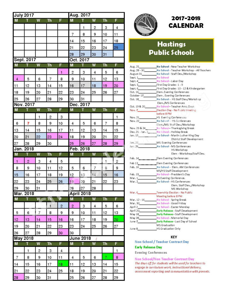 2017 2018 School Calendar Hastings Public School District 