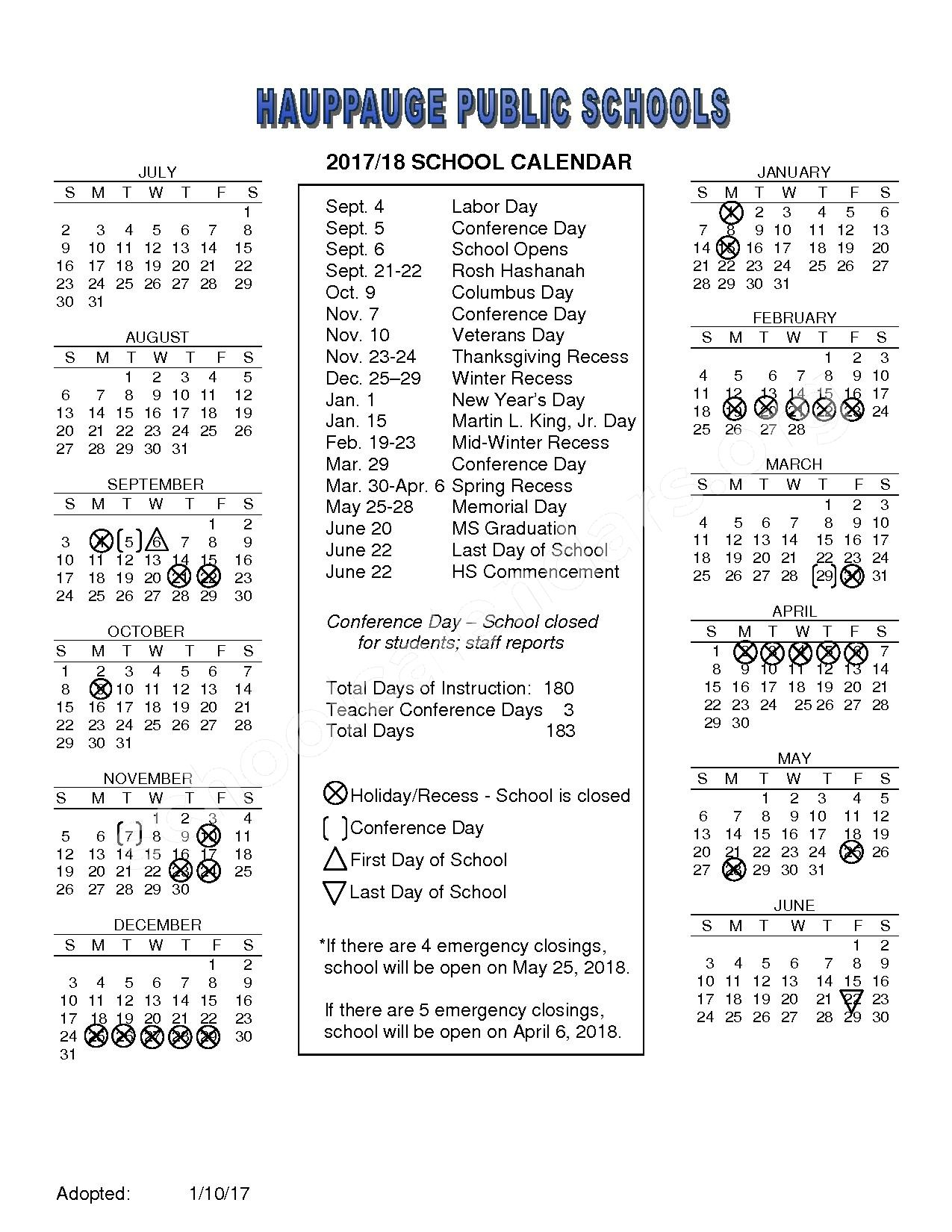 2017 2018 School Calendar Hauppauge High School Hauppauge NY