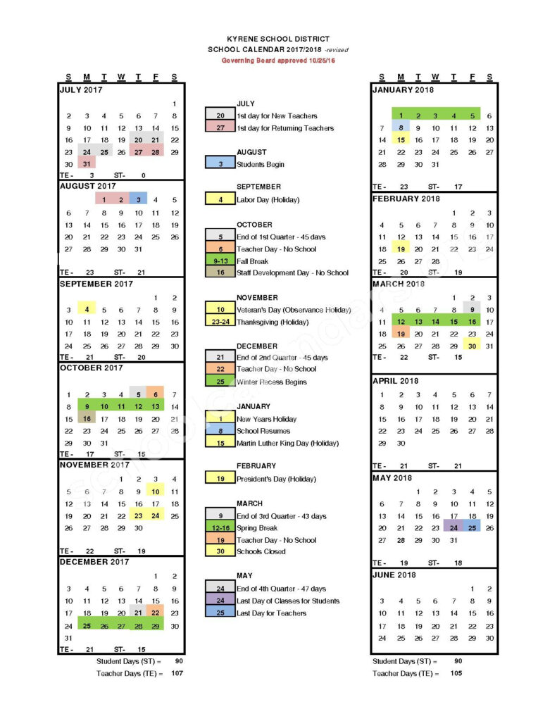 2017 2018 School Calendar Kyrene Elementary School District 28 