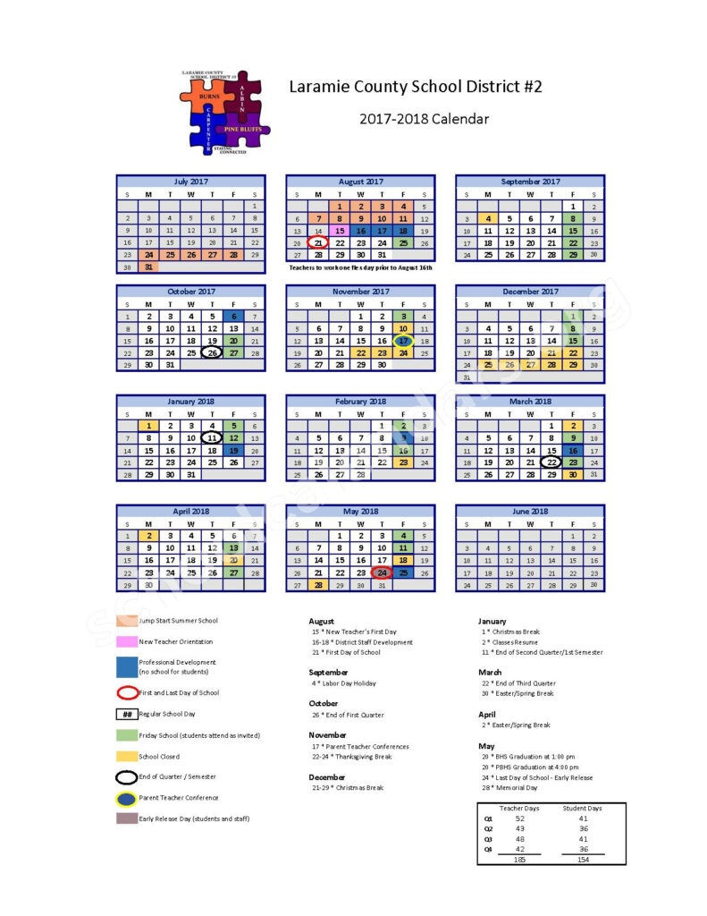 2017 2018 School Calendar Laramie County School District 2 Pine 