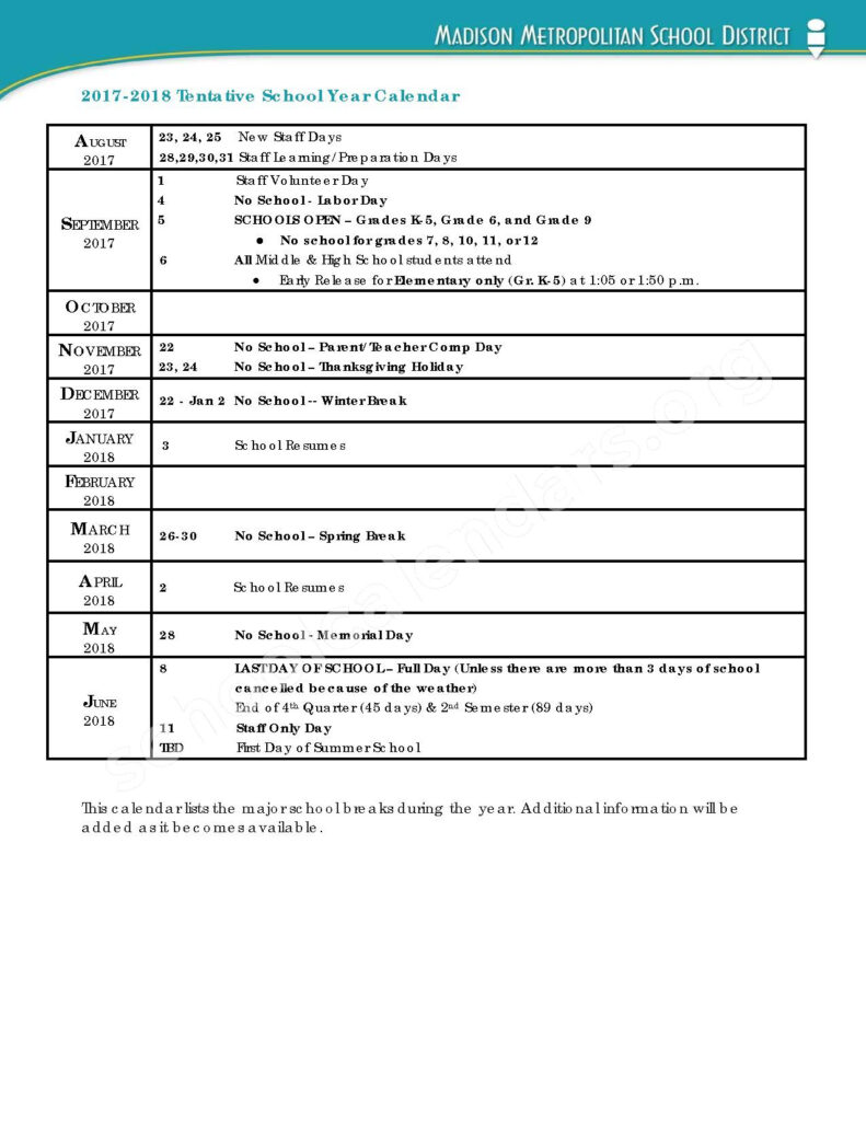 2017 2018 School Calendar Madison Metropolitan School District 