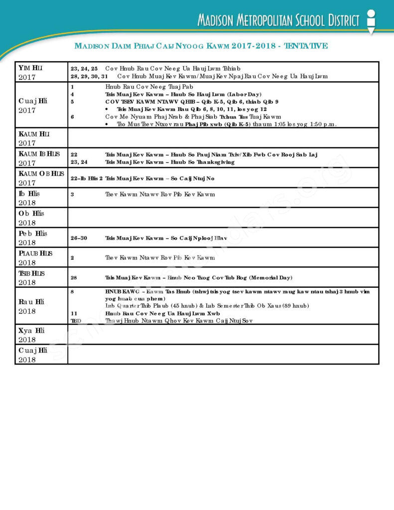 2017 2018 School Calendar Madison Metropolitan School District 