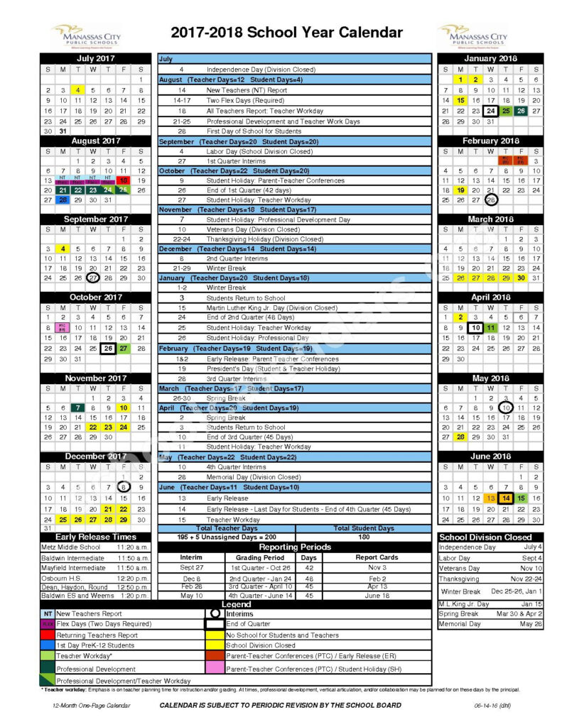 2017 2018 School Calendar Manassas Public Schools Manassas VA