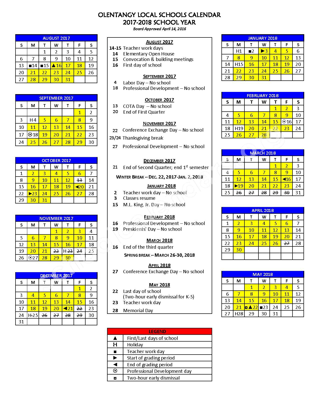 2017 2018 School Calendar Olentangy Local School District Lewis