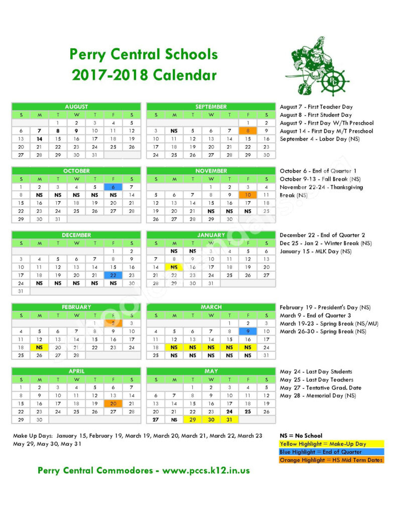 2017 2018 School Calendar Perry Central Elementary School Leopold IN