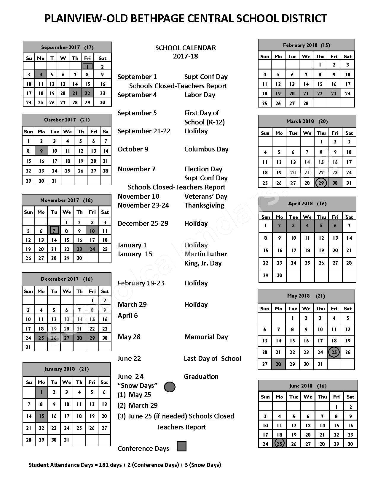 2017 2018 School Calendar Plainview Old Bethpage Central School